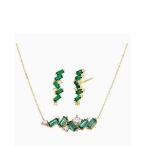 Adina Eden Emerald Green CZ Baguette Earrings & Necklace Combo Set. Goldtone NEW